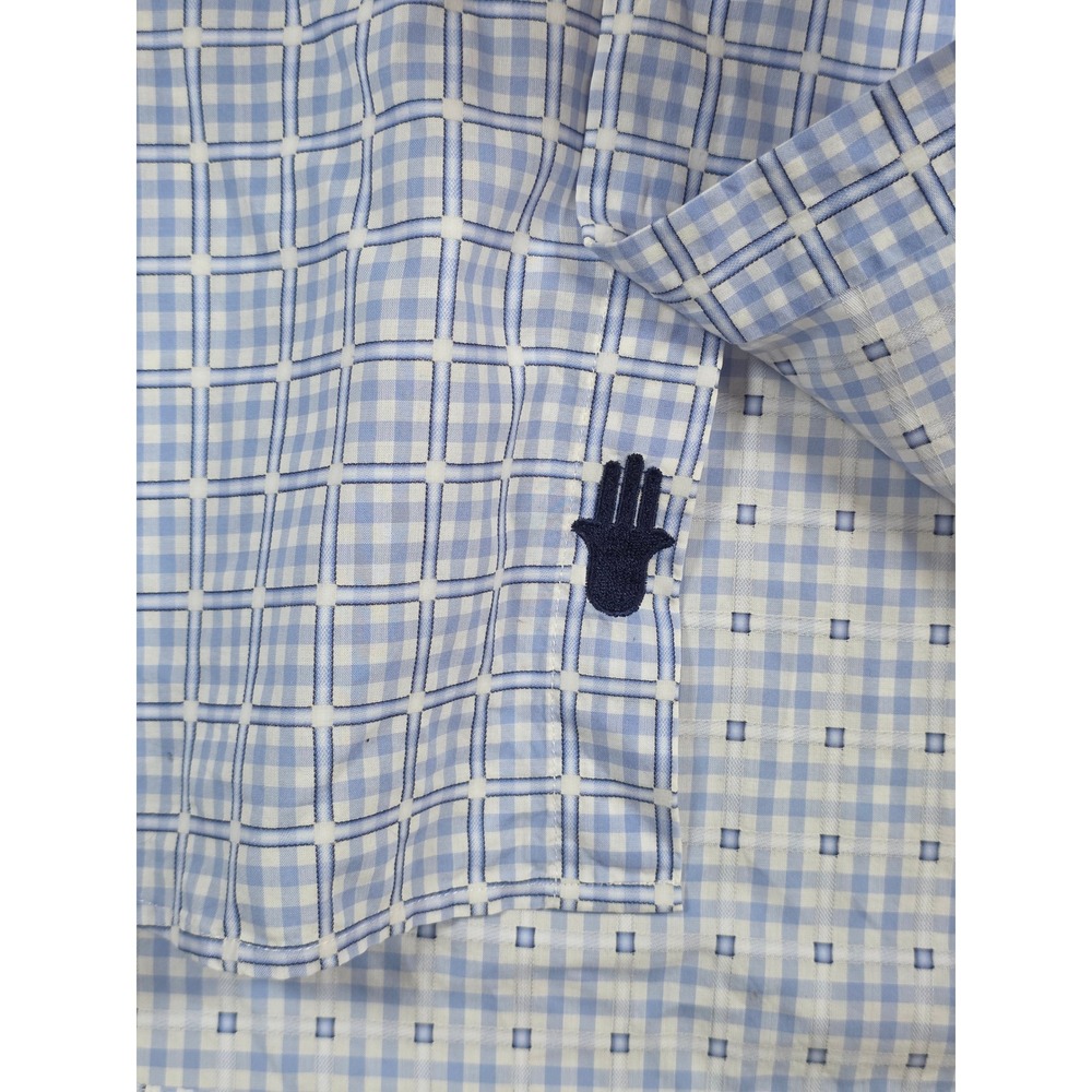 Visconti Dress Shirt 2 Ply Mercerized Cotton Grid Check Blue White Mens L Office - Picture 5 of 7